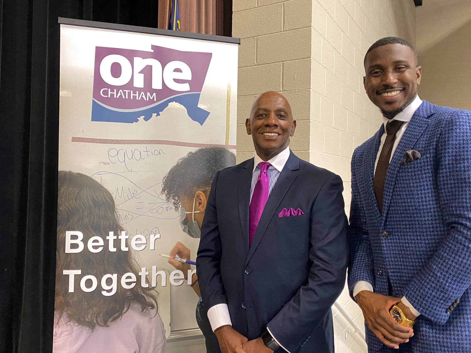 Chatham County Schools Superintendent Dr. Anthony Jackson (left) and Convocation keynote speaker Michael Bonner (right) both emphasized the power of each individual in making a difference in their remarks to CCS staff on Wednesday, Aug. 24.